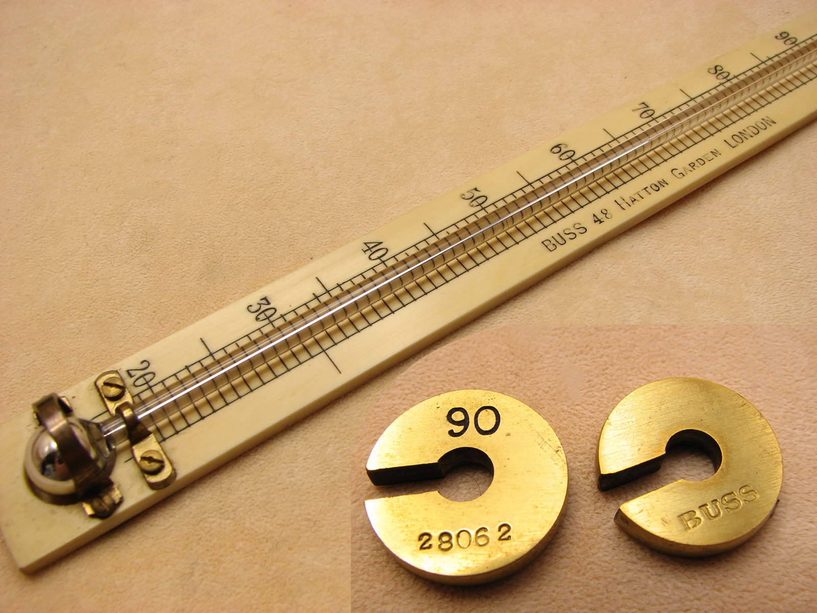 Antique Sike's hydrometer set with proof rule by BUSS, 48 Hatton Garden, London